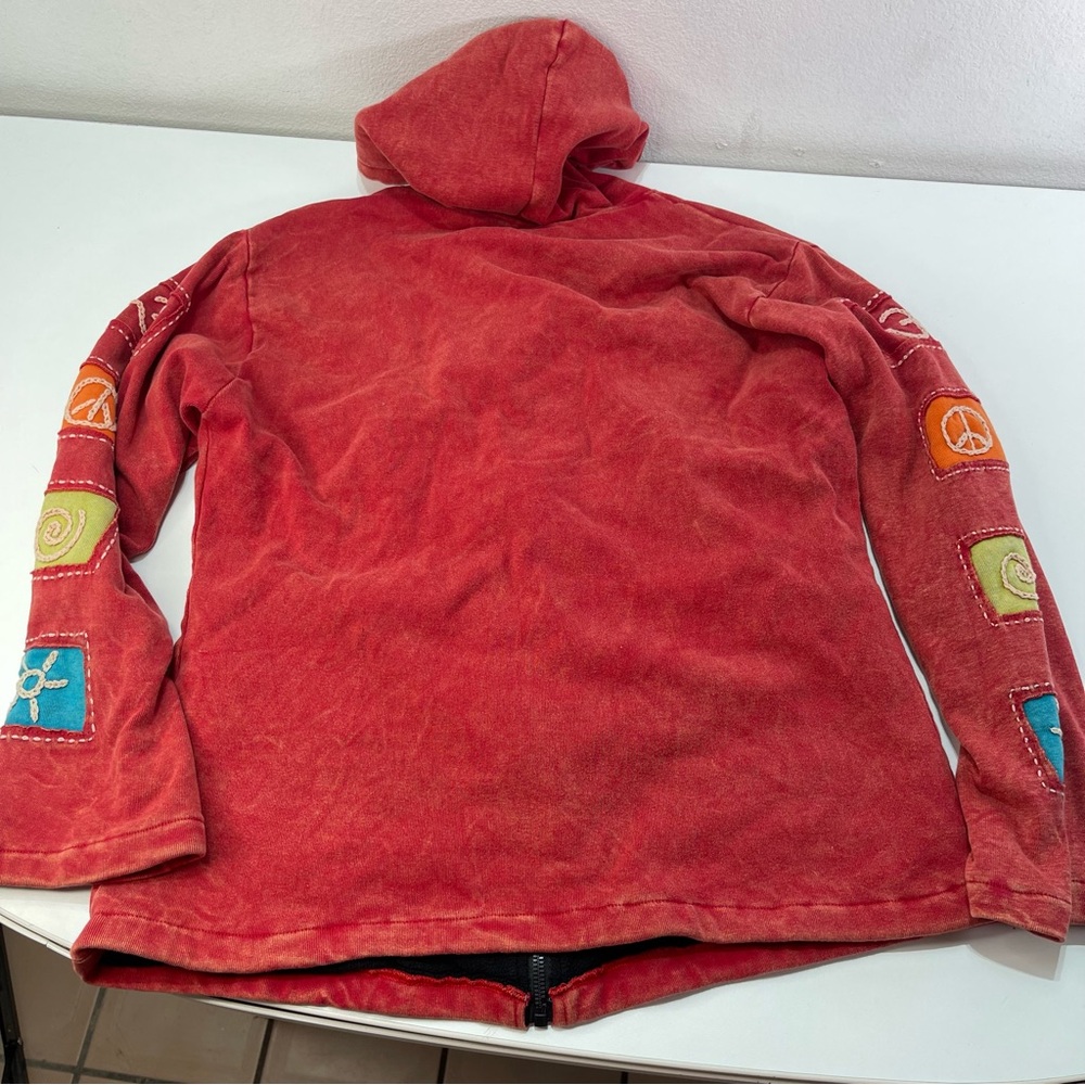 Boho Women Patchwork Peace Hippie Zip Up Red Hoodie Jacket Nepal LG Festival - Picture 5 of 7